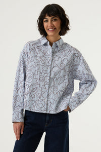Garcia Blue Stripe Oversized Shirt with Burgundy Embroidery, V260235